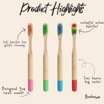 Four bamboo toothbrushes with colorful bristles on a beige background, labeled with product highlights.